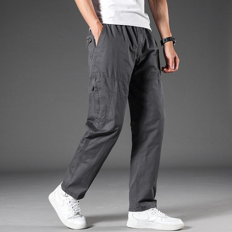 Overalls men's spring loose straight trousers multi-pocket plus size men's casual pants middle-aged and elderly men's pants
