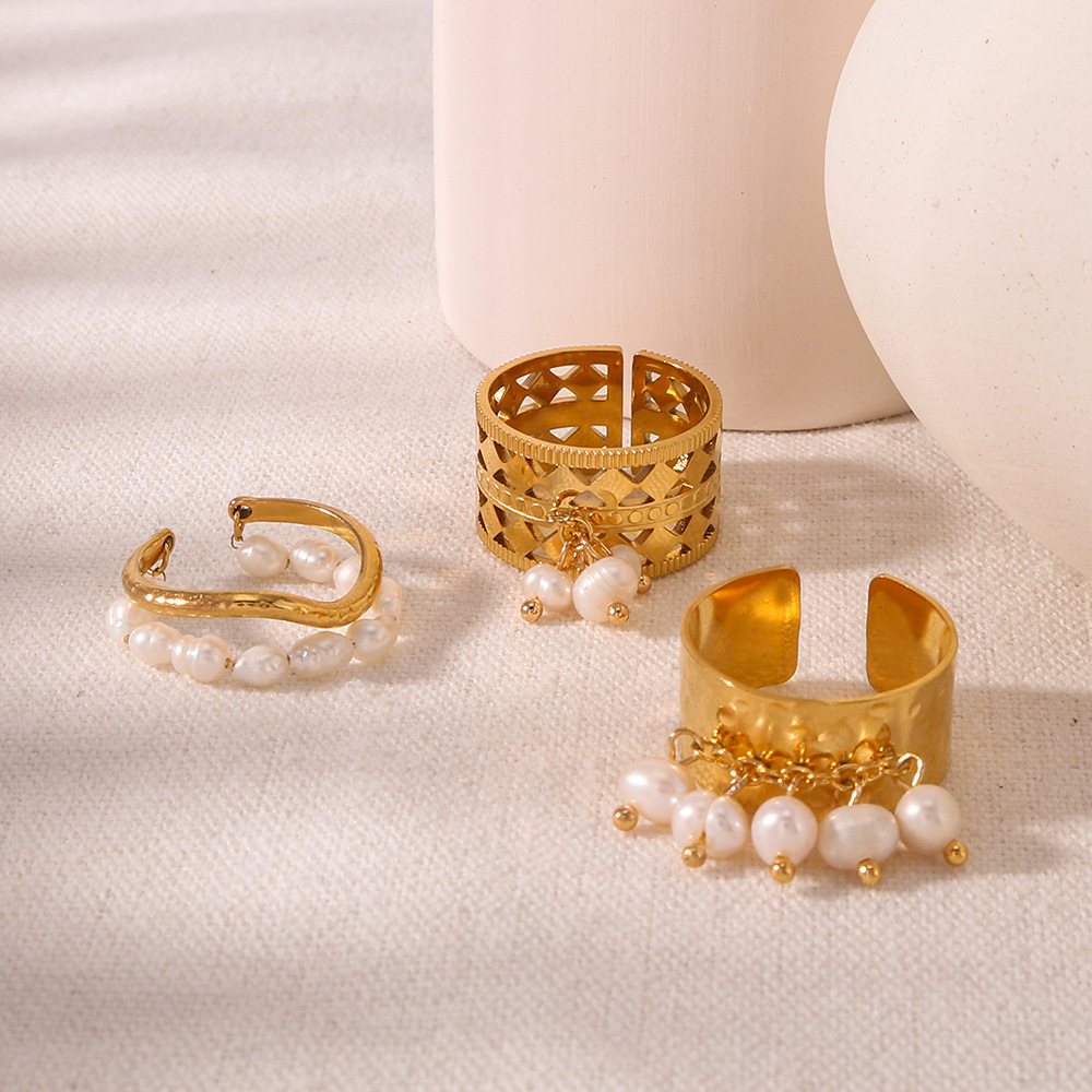 Geometric Pattern Wholesale Jewelry IG Style Geometric 304 Stainless Steel Freshwater Pearl 18K Gold Plated Plating Charm Rings Open Rings