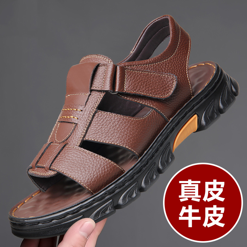 Sandalias de piel de vaca de gran tamaño para hombre verano casual transpirable velcro plataforma impermeable antideslizante zapatos de playa para papá de mediana edad y ancianos