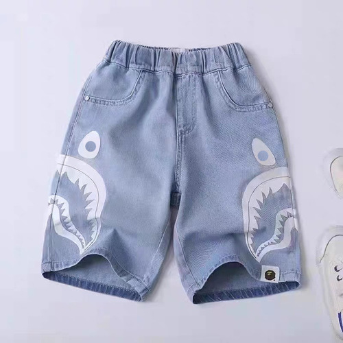 Boys' summer new style 2024 Japanese style casual straight loose shark denim five-point medium shorts for small and medium-sized children
