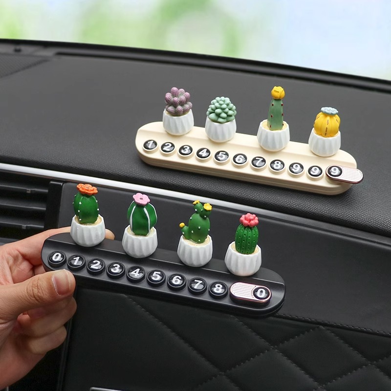 Suculentas plantas en macetas, placas de matrícula de estacionamiento temporal, teléfonos de automóviles, placas de matrícula en movimiento, tarjetas de transferencia de automóviles, adornos de accesorios se pueden ocultar