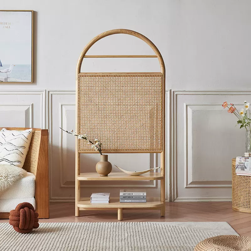 北欧实木座屏日式藤编屏风可移动复古玄关进门遮挡民宿ins置物架