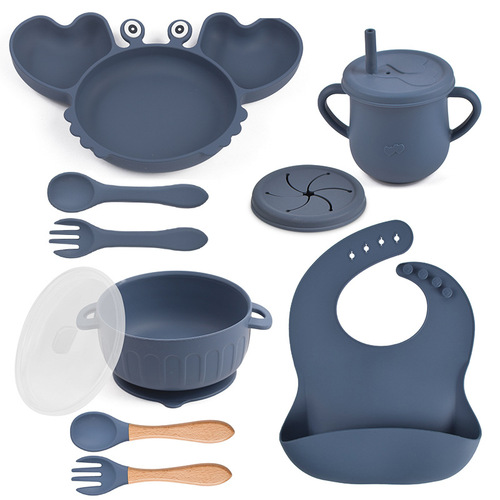 10-Piece Children's Crab Pattern Dinnerware Set with Silicone Tableware, Baby Silicone Feeding Bowl, Pouch Cup, Spork, and Spoon
