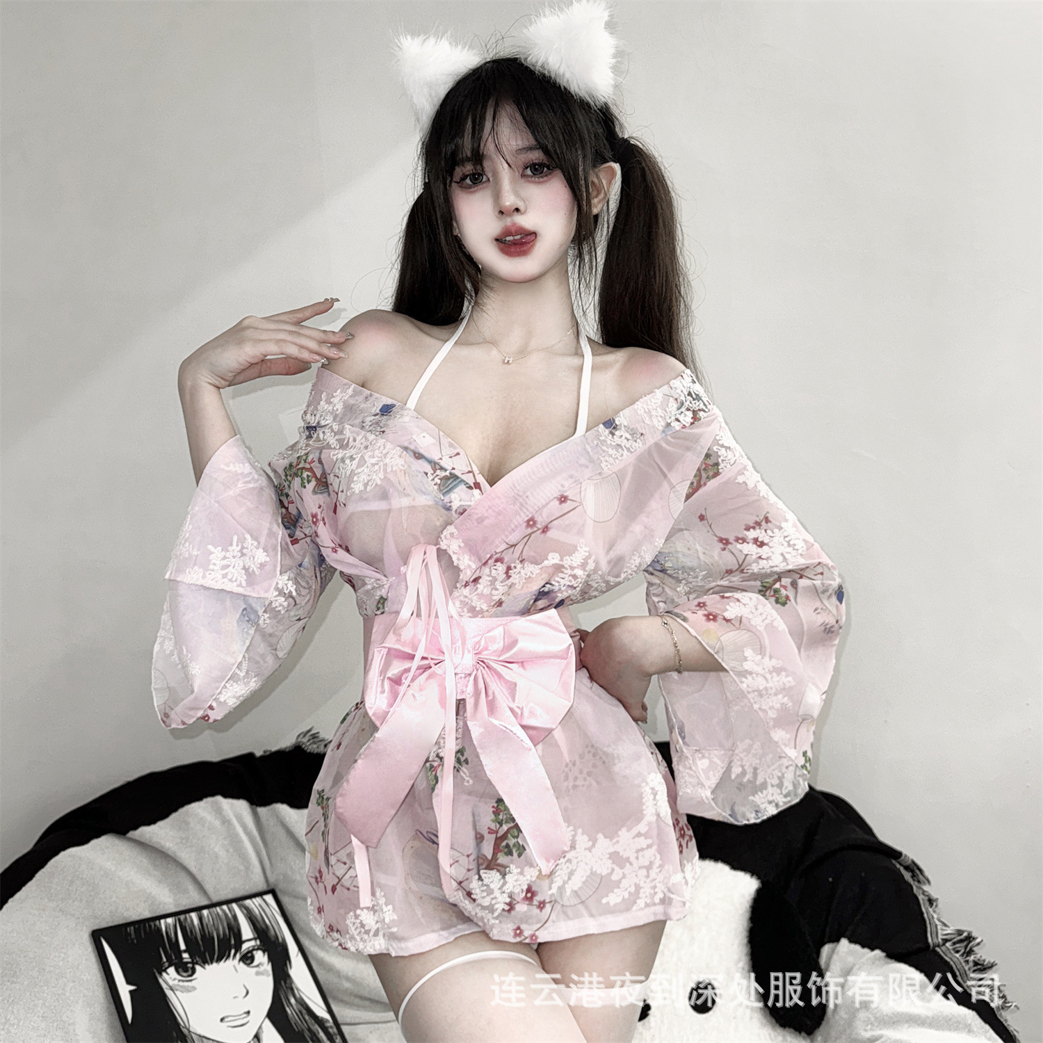 섹시한 란제리 일본식 섹시한 카디건 3 점 쉬폰 인쇄 기모노 핫 유니폼 매혹적인 섹시한 잠옷 여성
