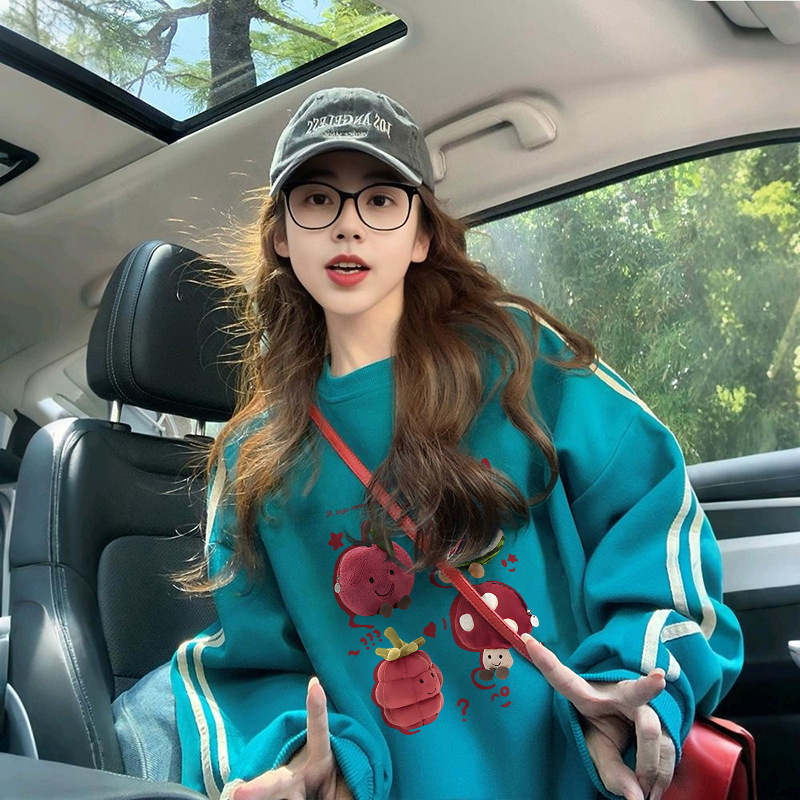 Lazy Style Fun Graffiti Thin Sweatshirt for Women, High-End Trendy Stripesd Splicing Fat mm Loose Belly-Covering Top