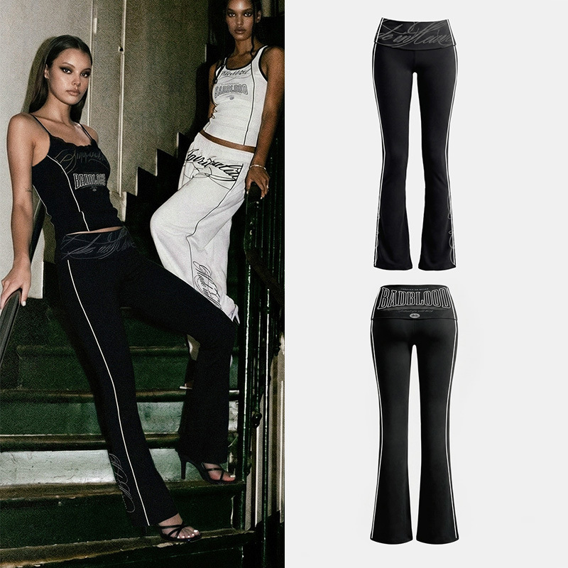 Korean Badblood American-Style Black Casual Sports Slim-Fit Flared Pants for Hot Girls, Stretchy Yoga Printed Long Pants Korean Badblood American-Style Black Casual Sports Slim-Fit Flared Pants for Hot Girls, Stretchy Yoga Printed Long Pants