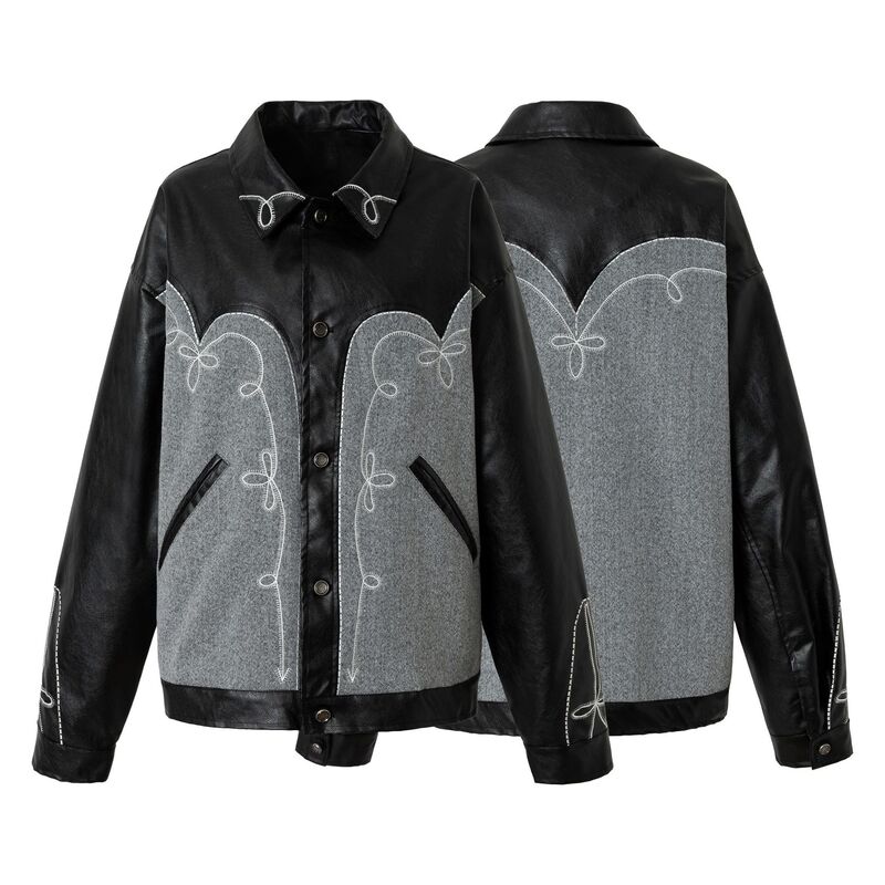Wholate American Style Retro Western Pu Leather Jacket with Woolen Patchwork Loose Casual Jacket for Men and Women 26W19 Wholate American Style Retro Western Pu Leather Jacket with Woolen Patchwork Loose Casual Jacket for Men and Women 26W19