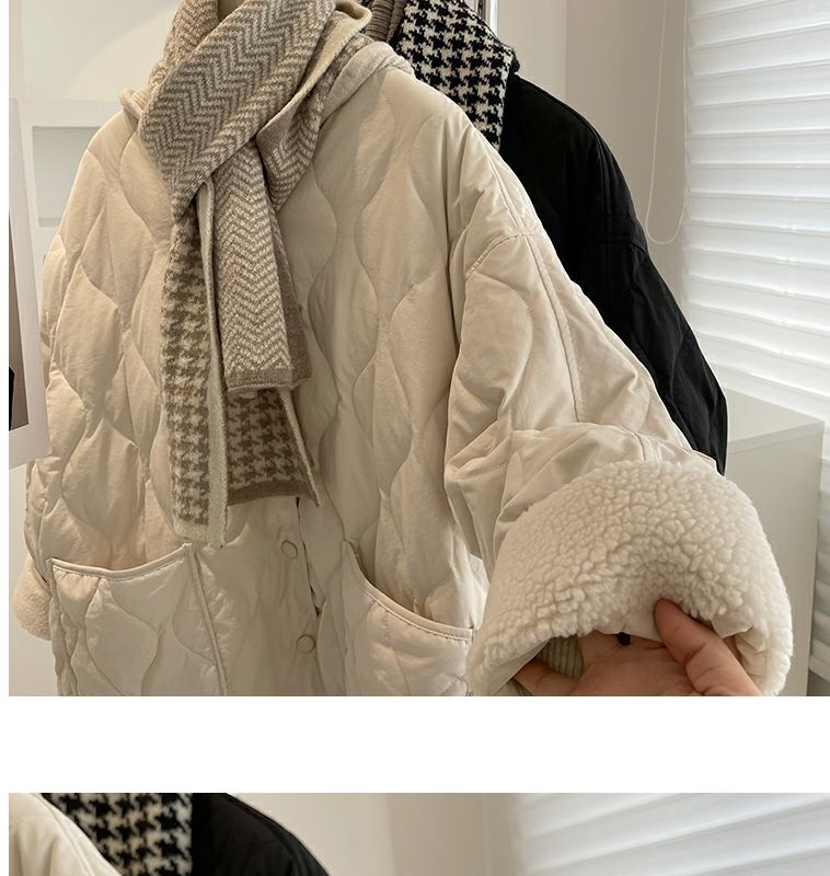 Collarless lamb wool splicing light and thin winter Korean version loose small fragrant dia plaid warm cotton jacket_voghion.com