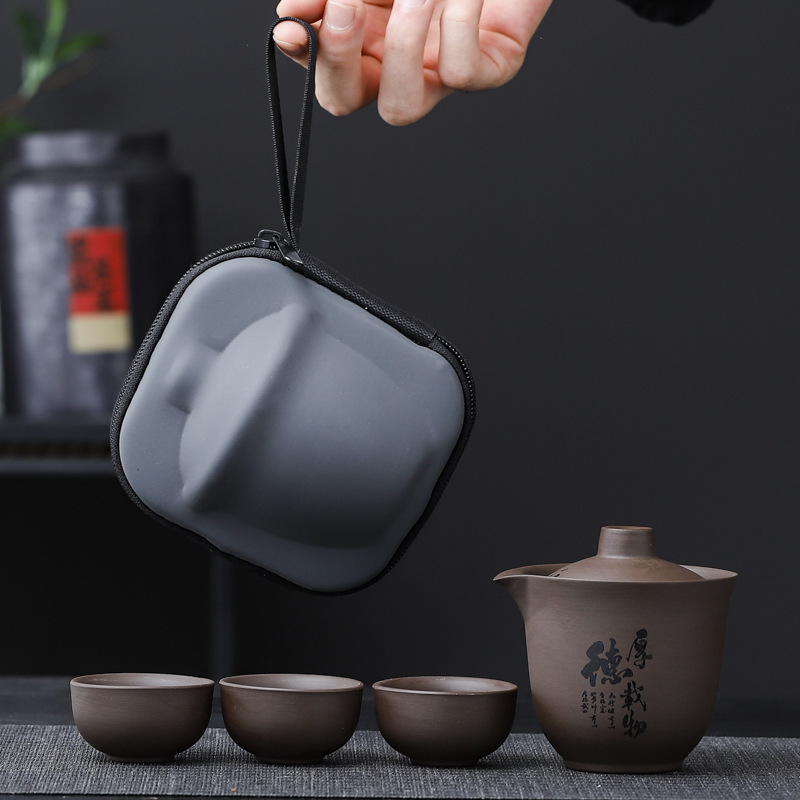 Purple Clay Travel Kung Fu Tea Set Portable Car Outdoor Camping Style Covered Bowl with Filter Quick Cup Business Gift