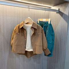 Children's shirts spring and autumn new niche retro all-match western style shirts boys baby shirts and jackets three-piece trendy set