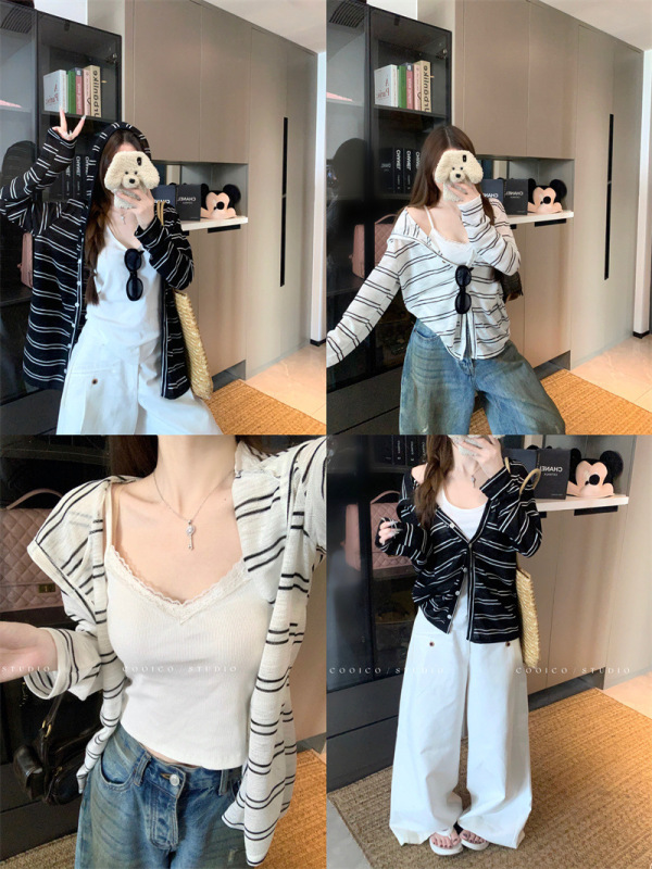 韩系白色条纹连帽长袖防晒外套女早秋薄款小开衫短款休闲上衣外搭|undefined