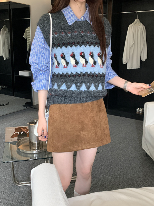 美拉德麂皮绒防走光高腰半身裙女秋季新款韩系复古显瘦a字短裙|undefined