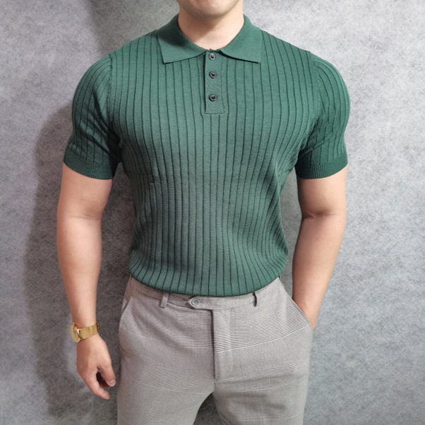 Knitted Sports Polo Shirt for Men, Spring and Summer, Slim Fit, Coach Style, Muscle-Enhancing, Elastic, Fitness, Striped, Turn-Down Collar, Short-Sleeve T-Shirt, Trendy