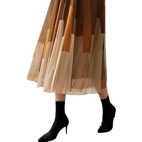 Elegant Parisian French A-line skirt retro contrasting piano key ladies elastic waist double-layer mesh skirt early autumn