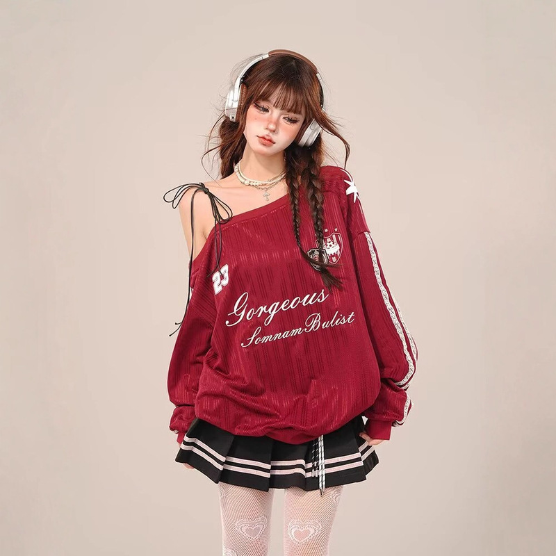 Retro Slanted Shoulder Long-Sleeved Printed Letters Summer New Sweatshirt Women's Loose Slimming Hot Girl Casual Top Jersey Trendy
