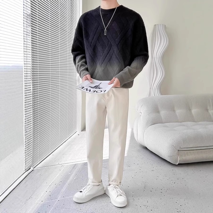 Otoño e invierno casual retro degradado cuello redondo jersey hombres de moda suelto suéter de punto