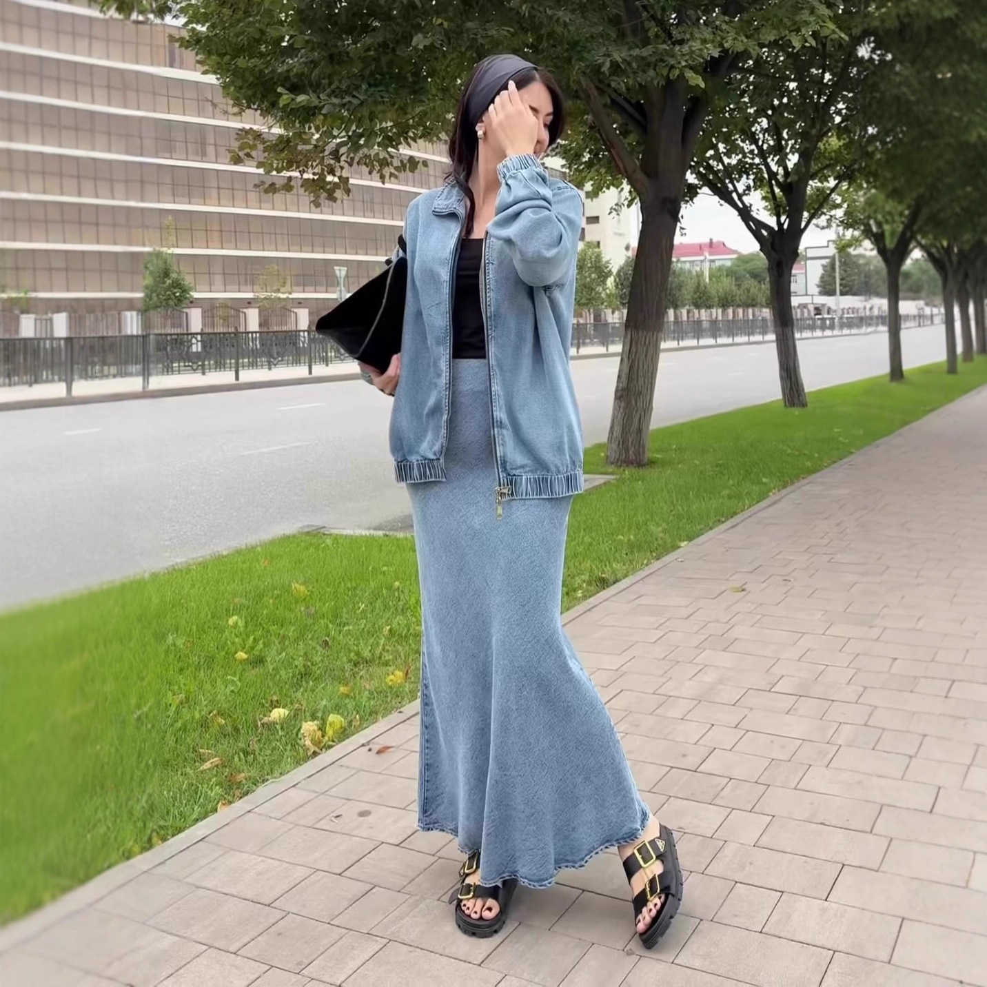 跨境欧美外贸女装2025年秋季新款牛仔长袖外套气质休闲半裙套装女