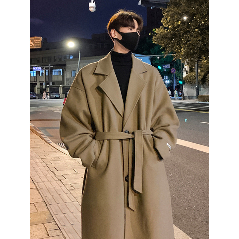 韓国版百合の中長のウインドブレーカーの男性の秋冬のタイプは膝の英倫の風毛のコートを過ぎてゆったりとしています。