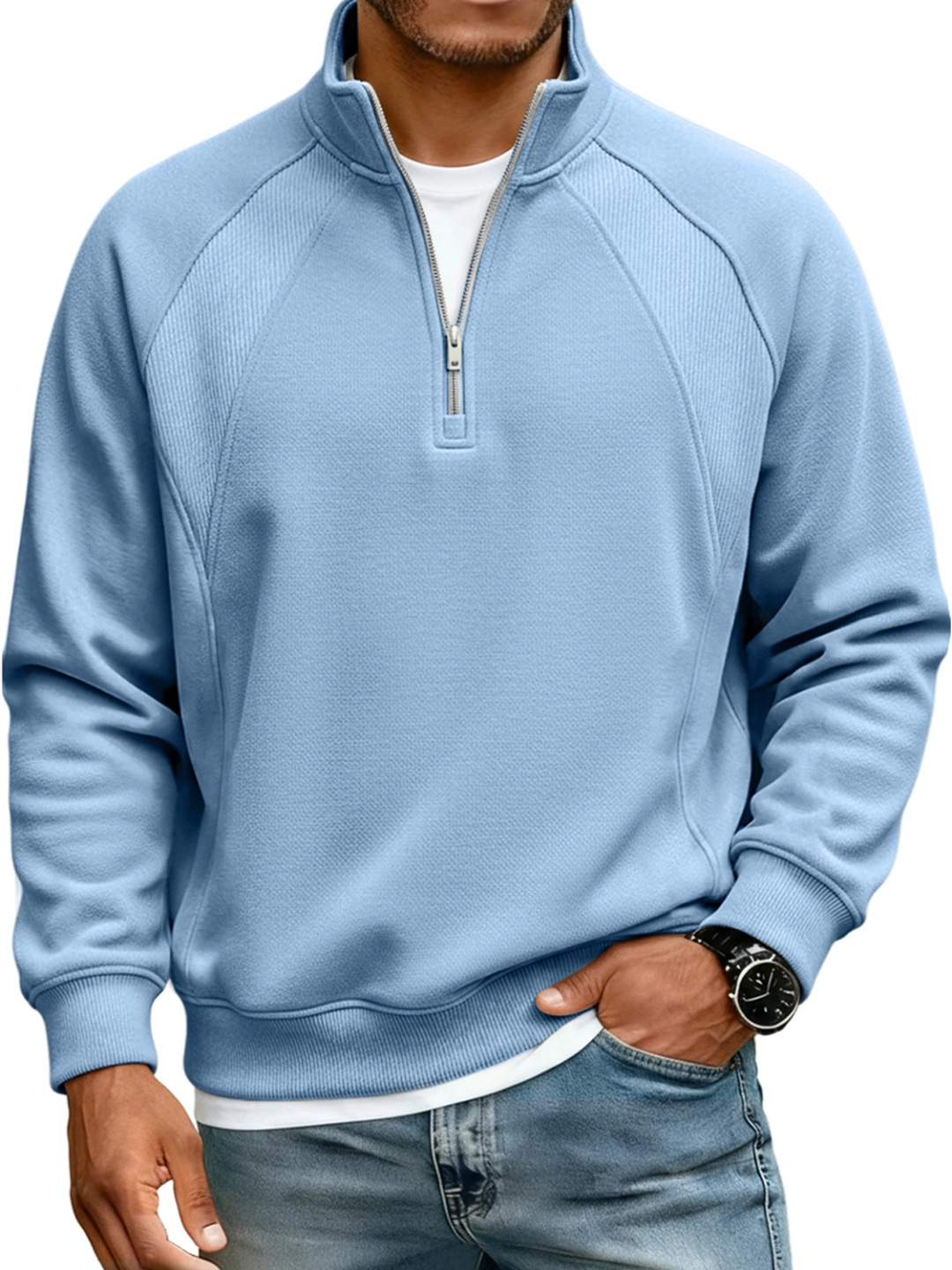 2026 Amazon New Men's Jacket Half-Zip Stand-Up Collar Sweatshirt Men's T-Shirt Long-Sleeved Solid Color Splicing Loose Fit