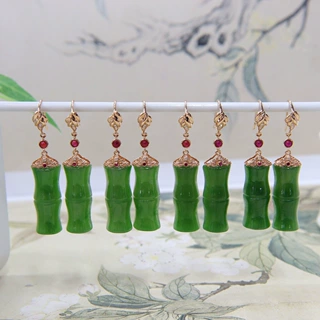 福贝钻珠宝【18K金镶和田碧玉竹节冰底老料耳坠】裸石8×20mm*2颗