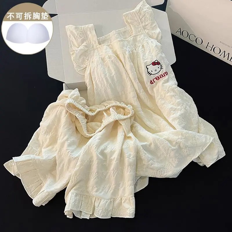 Kt Cat Pajamas with Breast Pads for Women Summer Cloud Cotton Suspender Shorts Suit Girls Cute Sexy Casual Home Clothes