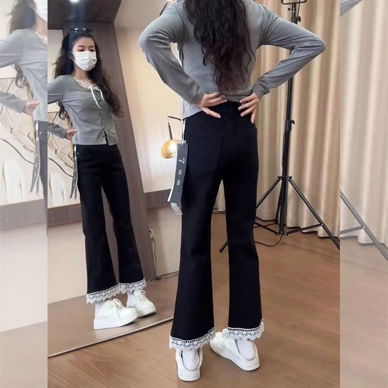 大码蕾丝拼接微喇牛仔裤女2025年秋季设计感胖mm遮肉小个子九分裤|undefined