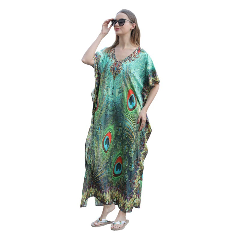 Amazon Hot Green Feather Print Свободный плюс размер халата Стиль пляжное платье бикини солнцезащитный крем 5D05