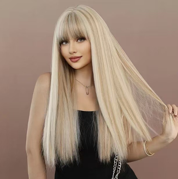八字型前髪ミディアムレングスストレートヘアヨーロッパとアメリカの知的ウィッグ女性用機械製ゴールデン化学繊維ヘッドギアレイヤードウィッグ|undefined