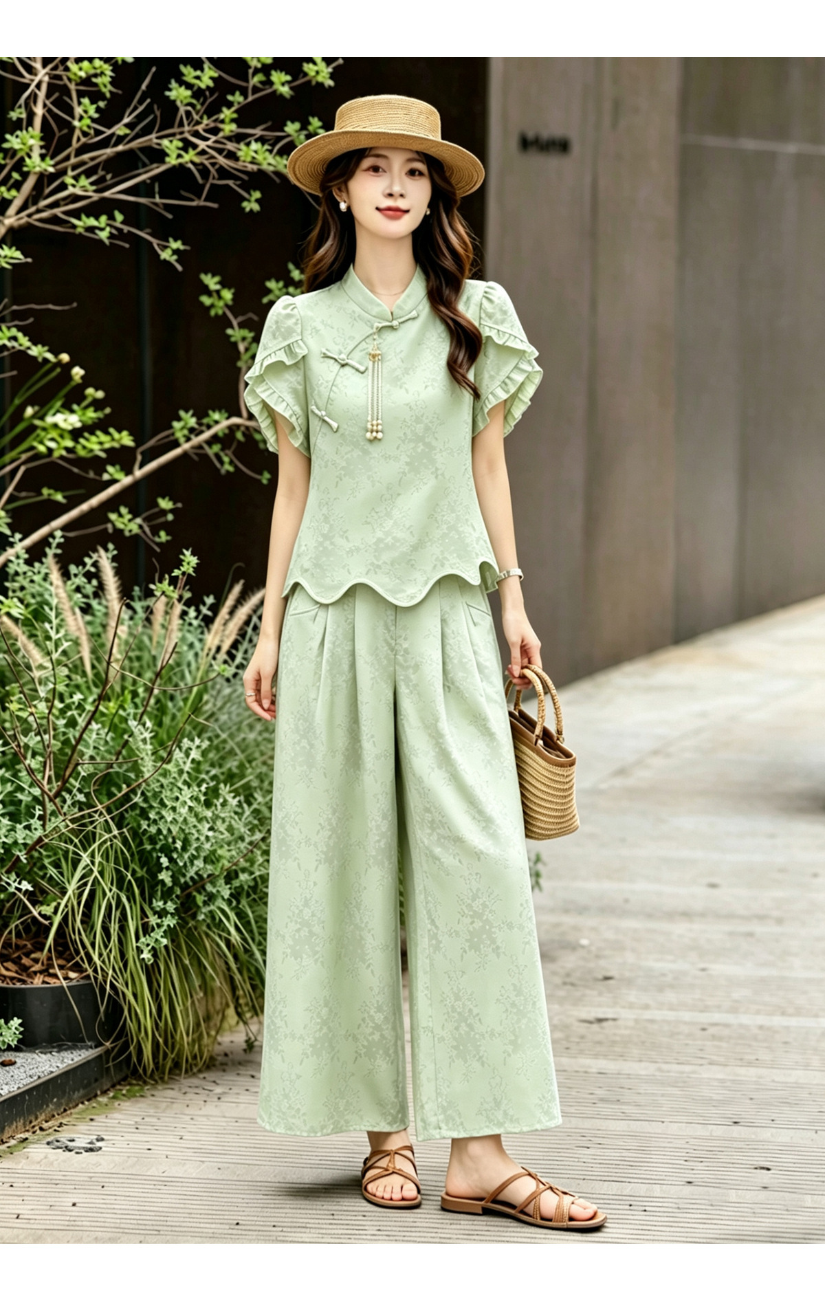 Bộ áo sơ mi họa tiết jacquard kết hợp quần ống rộng cạp thun hai mảnh thời trang — Vàng kem, xanh lá cây chi tiết 16