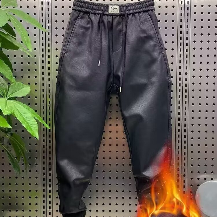 2025 Spring New Style Fleece-Lined Casual Pants for Men - Trendy, Cool, Loose-fitting Harem Pants, Korean Style, Versatile, Slim Fit Leather Pants