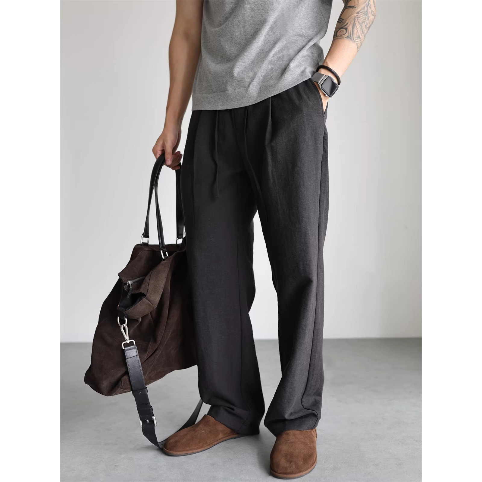 Pantalones de lino de seda de hielo no arrugados cintura elástica pantalones de pierna ancha hombre fábrica transfronteriza al por mayor poliéster imitación de lino