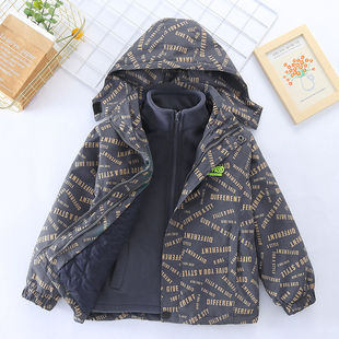 Winter Coat Boy's Three-in-One Detachable Rush Clothes Autumn and Winter Big Boy's fleece-lined Thickened Children's Late Autumn Top