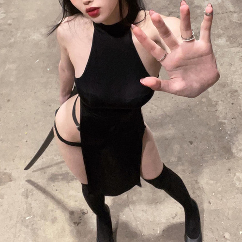 Foreign trade new sexy lingerie sexy solid color pullover sleeveless hollow side slit high waist European and American tights jumpsuit