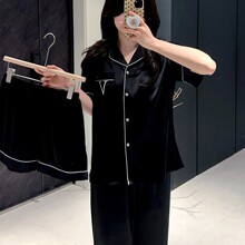 春夏季新款冰丝睡衣女短袖开衫三件套外穿薄款刺绣家居服维密同款