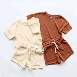 有机棉华夫格婴儿衣服套餐儿童针织衫短袖短裤套装批发透气
