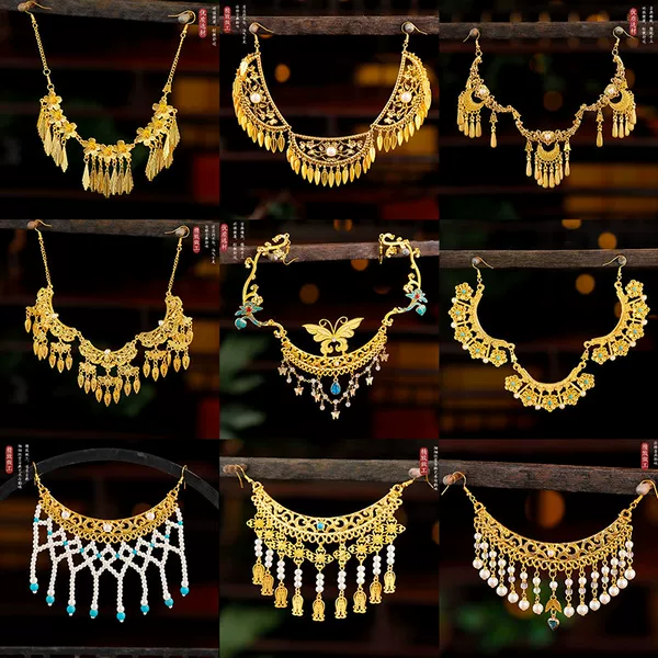 Dunhuang Feitian golden forehead ornament for women, exotic style tassel eyebrow pendant, ancient style Hanfu, Tang style photo shoot accessory