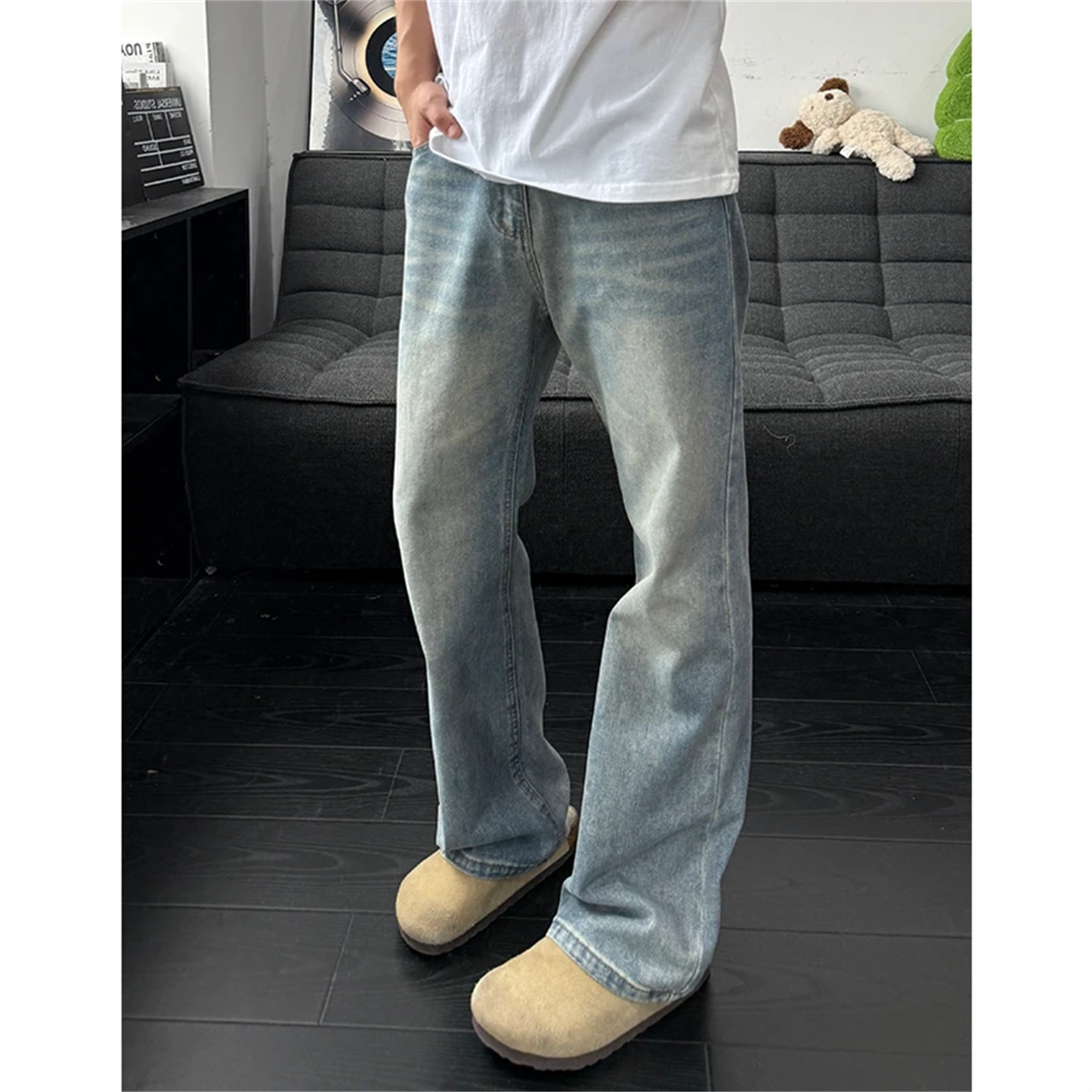 American High Street Vibe High Waist Pants Men's Spring Retro Blue Scimitar Jeans Washed Straight Pants_viptrois.com