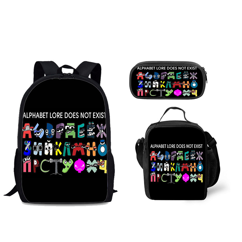 Venta al por mayor Alphabet Lore mochila escolar bolsa de hielo letra leyenda estudiante mochila bolsa de comida bolsa de tres piezas