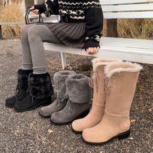 两穿加厚毛毛雪地靴2025冬粗中跟绒面绑带保暖防寒厚绒高筒长靴女