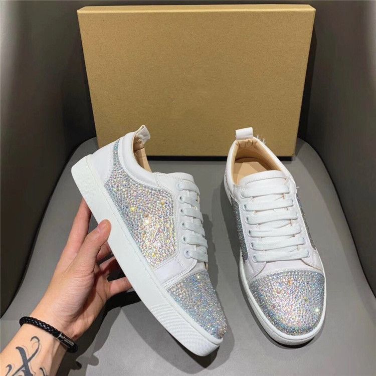 Fashion New Flat White Shoes Couple Style Casual Shoes Lace-Up Genuine Leather Rhinestone White Diamond Low-Top Shoes Men and Women Trendy Shoes