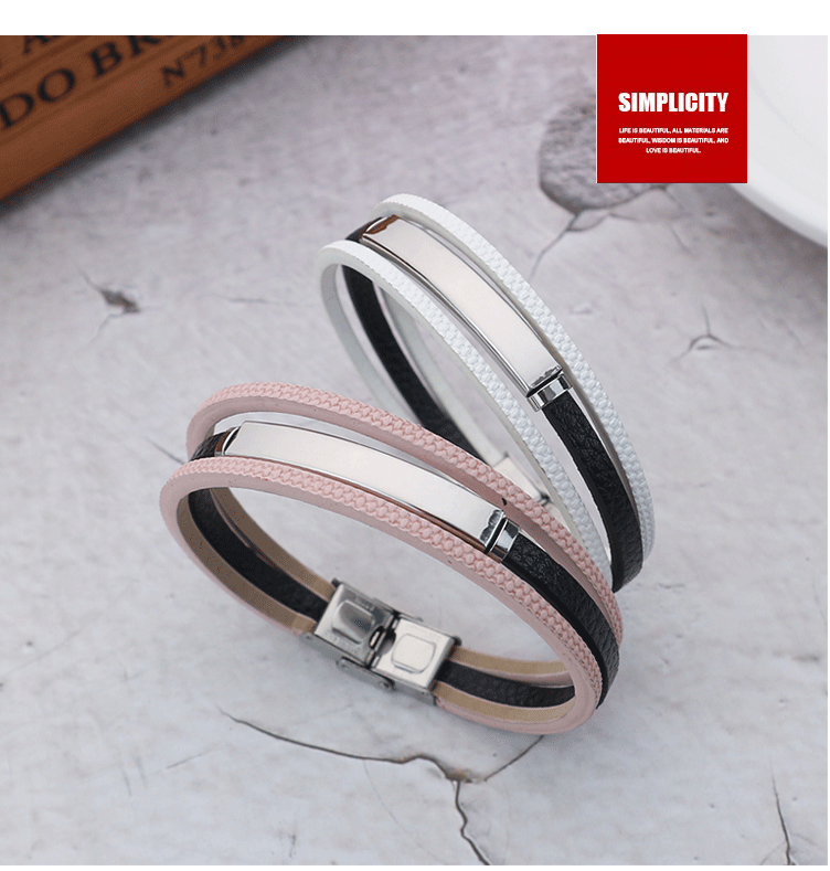 Retro Classic Style Customization Laser Engraving Pu Leather Titanium Steel Woven Chain Bangles Wholesale display picture 2