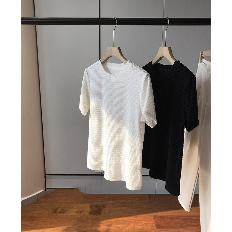 It Shows Your Elegant~ It’S Simple to This Extent! Guest-Supplied Acetate Texture Simple and Versatile Round Neck Short-Sleeved T-Shirt