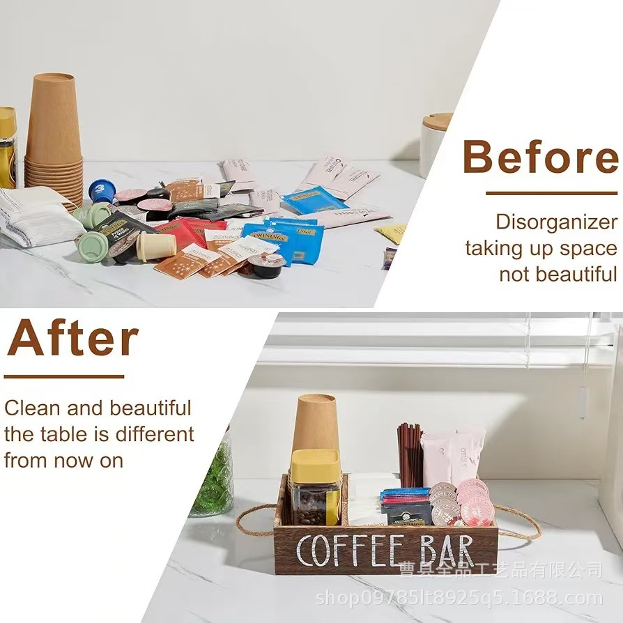 Caja de almacenamiento de café de madera con partición Caja de acabado de barra de café para el hogar con manija Caja de madera de estilo rural de granja