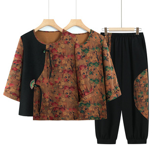 2025 New Mom Summer Suit Chinese Style Retro Short-Sleeved Shirt for Middle-Aged and Elderly Women Western Style Two-Piece Thin Set