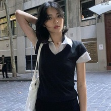 夏季韩版学院POLO领拼接假两件纯棉短款短袖T恤女修身显瘦上衣瑾