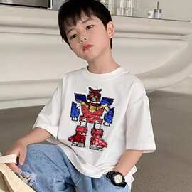 变形金刚短袖博派标志印花T恤男大童潮流帅气兄弟装短袖宽松上衣