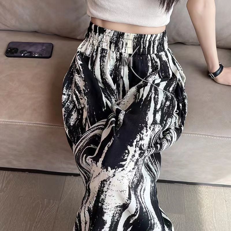 Ice Silk Tie-Dye Plus-Size Wide-Leg Pants for Women, Summer Thin High-Waisted Drape Straight-Leg Loose Slimming Casual Floor-Length Pants
