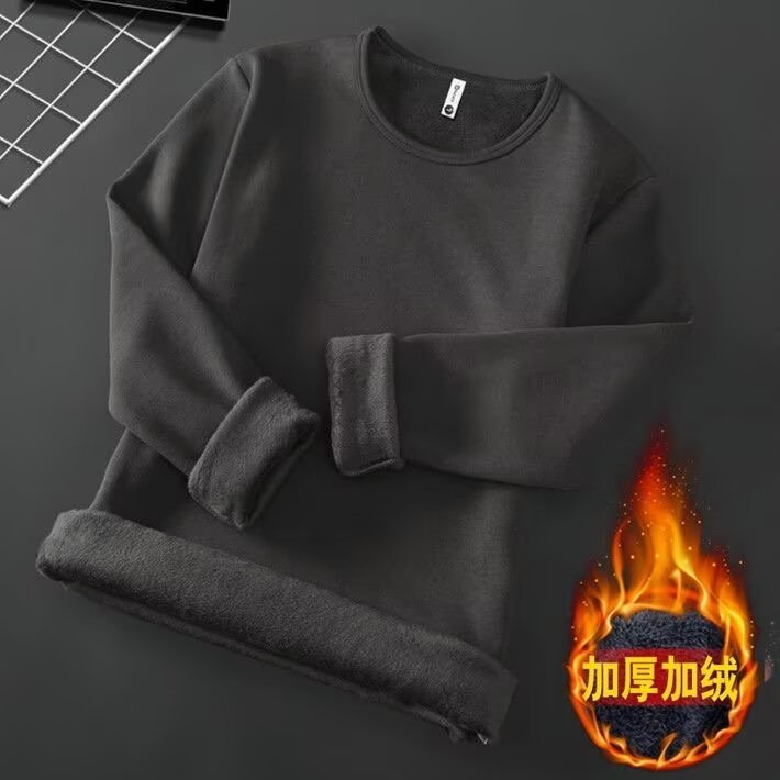 Camiseta de manga larga del fabricante de la fuente para hombre más terciopelo grueso color sólido interior con cuello redondo para hombre otoño e invierno cálido T camisa de fondo negro