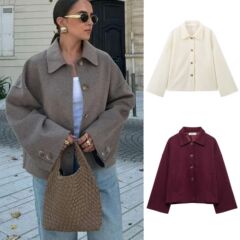 AliExpress 越境貿易ヨーロッパとアメリカの服 ZA 秋冬ストリートファッションショートシャツ襟ラペルウールジャケット