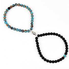 6mm两条一套黄虎眼石地图石玻璃珠合成松石吸铁石情侣手串套装g56